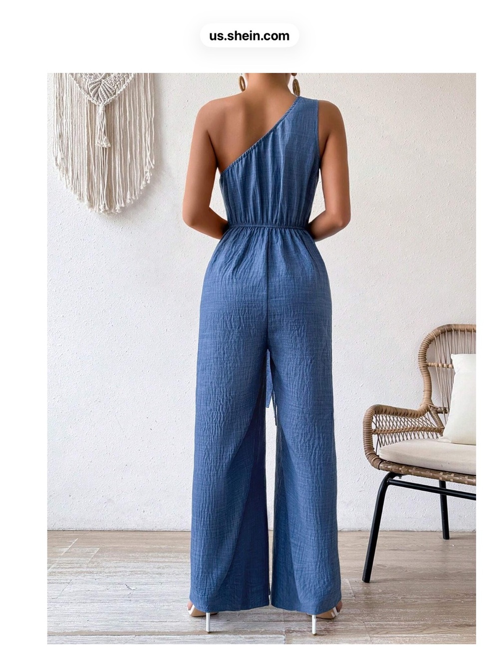 One-Shoulder Blue Textured Jumpsuit with Waist Tie - Picture 2 of 3